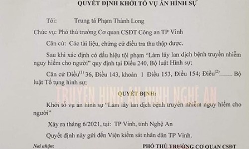 Nghệ An: Khởi tố vụ án hình sự "Làm lây lan dịch bệnh truyền nhiễm nguy hiểm cho người"