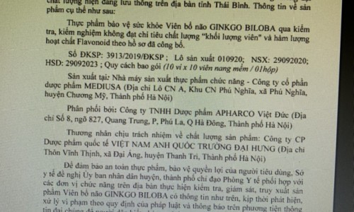 Không đạt chỉ tiêu khối lượng, viên bổ não Ginkgo Biloba bị kiến nghị thu hồi