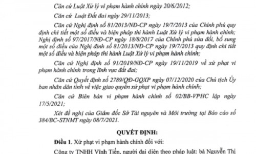 Tự ý chuyển mục đích sử dụng đất, Công ty TNHH Vĩnh Tiến bị phạt 255 triệu đồng