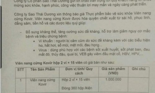 Sao Thái Dương bị cáo buộc tăng giá thực phẩm bảo vệ sức khỏe Kovir giữa mùa dịch?