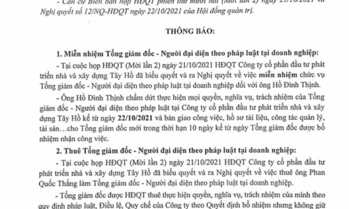 Thông tin sai sự thật, Tổng giám đốc Công ty Tây Hồ bị miễn nhiệm