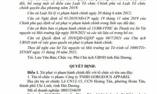 Công ty Gorgeous Apparel bị phạt 640 triệu đồng vì chiếm đất trái phép