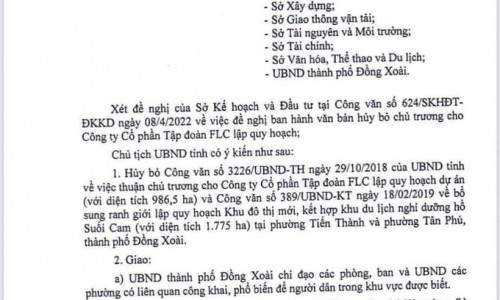 Bình Phước hủy chủ trương cho Tập đoàn FLC lập quy hoạch khu đô thị hơn 1.700 ha