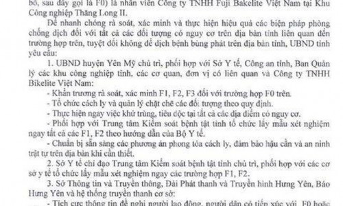 Hưng Yên có ca dương tính với Covid-19 tại Công ty Fuji Bakelite