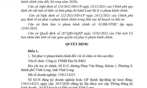 Vĩnh Long: Công ty TNHH Địa ốc P&G bị xử phạt 150 triệu đồng