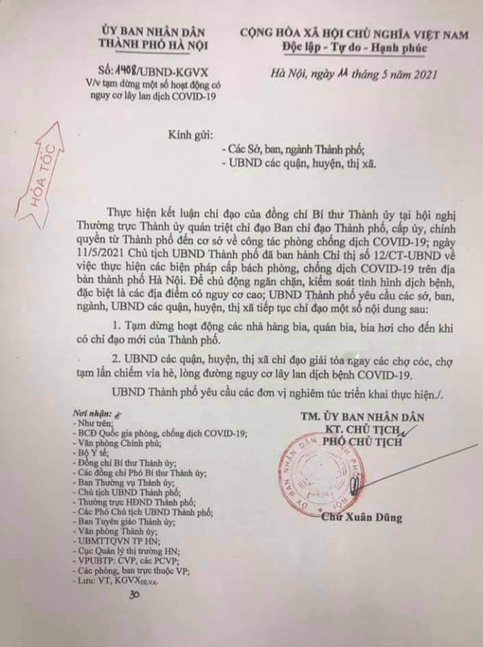 Hà Nội tạm dừng hoạt động nhà hàng, quán bia