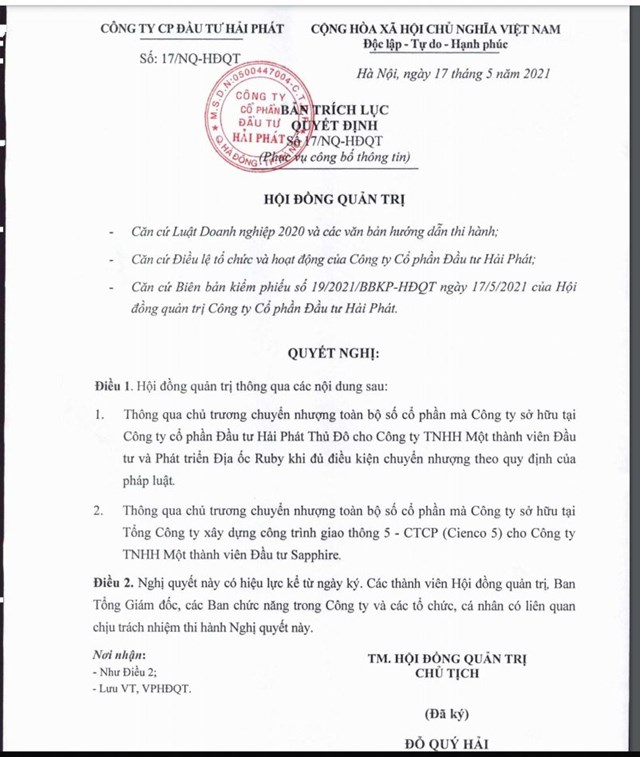 Hải Phát Invest thoái vốn khỏi Hải Phát Thủ Đô và Cienco 5, muốn huy động vốn lớn triển khai dự án
