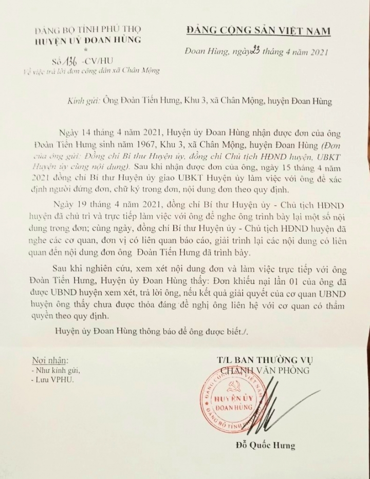 Phú Thọ: Công dân tố cáo Chủ tịch UBND huyện Đoan Hùng lợi dụng chức vụ, quyền hạn trong công vụ