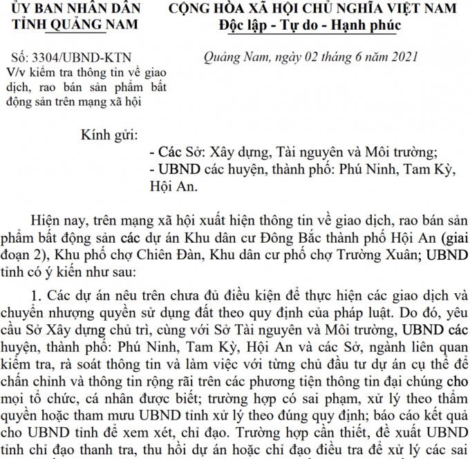 Quảng Nam chỉ đạo kiểm tra 3 dự án rao bán khi chưa đủ điều kiện
