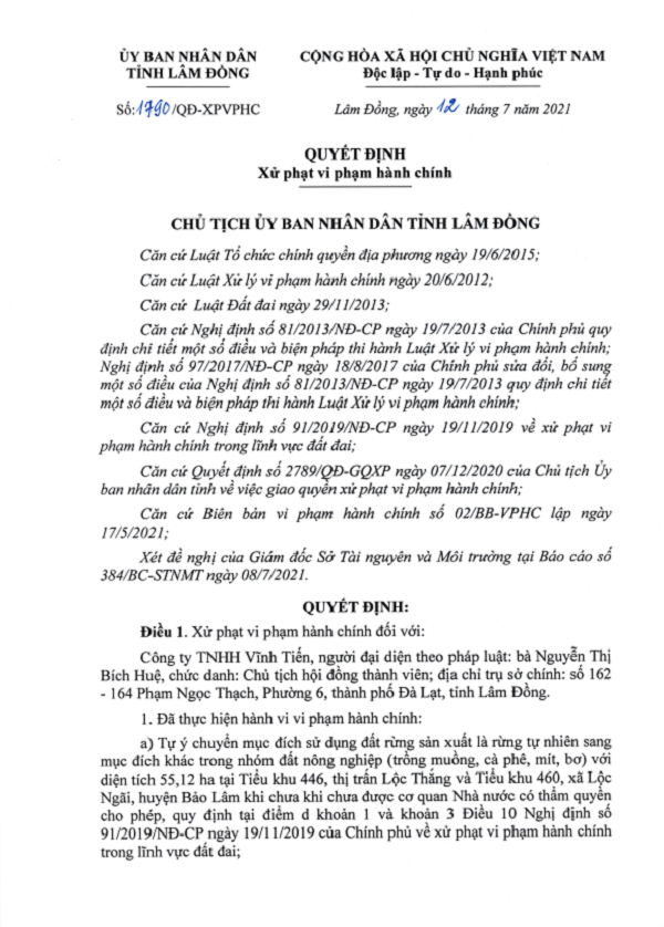 Tự ý chuyển mục đích sử dụng đất, Công ty TNHH Vĩnh Tiến bị phạt 255 triệu đồng
