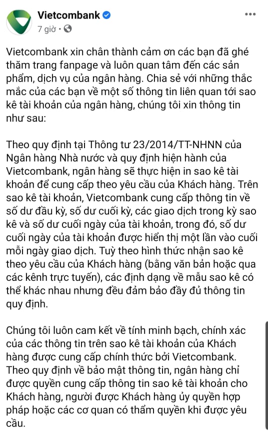 Vietcombank lên tiếng về việc sao kê tài khoản của khách hàng