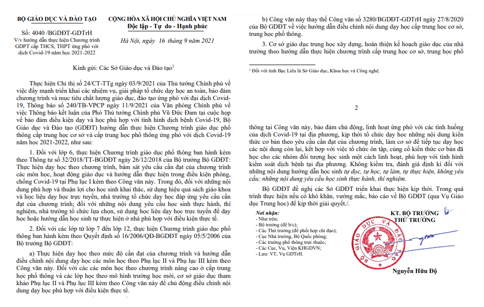 Bộ GD&ĐT hướng dẫn thực hiện Chương trình giáo dục trung học ứng phó dịch COVID-19