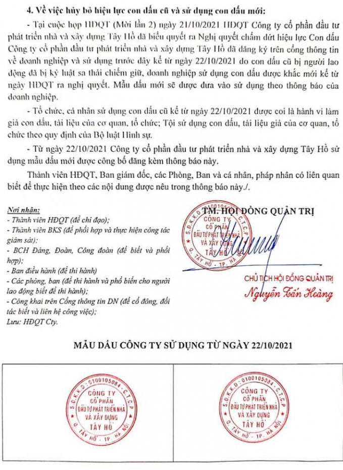 Bị miễn nhiệm, cựu Tổng giám đốc Công ty Tây Hồ vẫn giữ con dấu Công ty